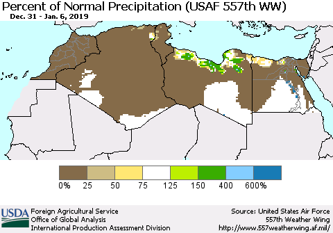 North Africa Percent of Normal Precipitation (USAF 557th WW) Thematic Map For 12/31/2018 - 1/6/2019