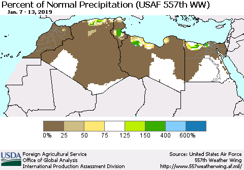 North Africa Percent of Normal Precipitation (USAF 557th WW) Thematic Map For 1/7/2019 - 1/13/2019