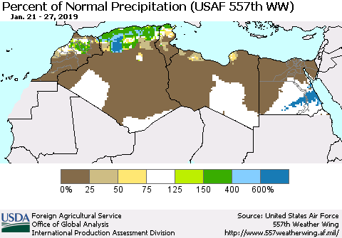 North Africa Percent of Normal Precipitation (USAF 557th WW) Thematic Map For 1/21/2019 - 1/27/2019