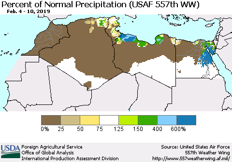 North Africa Percent of Normal Precipitation (USAF 557th WW) Thematic Map For 2/4/2019 - 2/10/2019