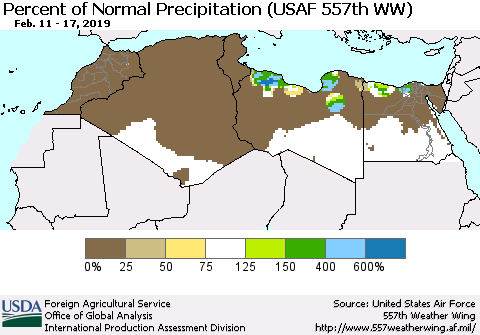 North Africa Percent of Normal Precipitation (USAF 557th WW) Thematic Map For 2/11/2019 - 2/17/2019