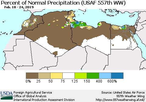 North Africa Percent of Normal Precipitation (USAF 557th WW) Thematic Map For 2/18/2019 - 2/24/2019
