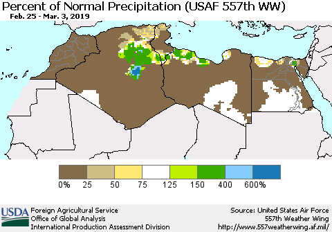 North Africa Percent of Normal Precipitation (USAF 557th WW) Thematic Map For 2/25/2019 - 3/3/2019