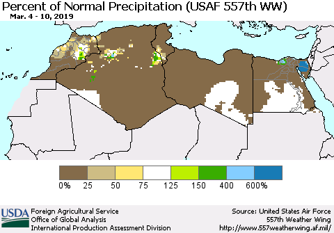 North Africa Percent of Normal Precipitation (USAF 557th WW) Thematic Map For 3/4/2019 - 3/10/2019