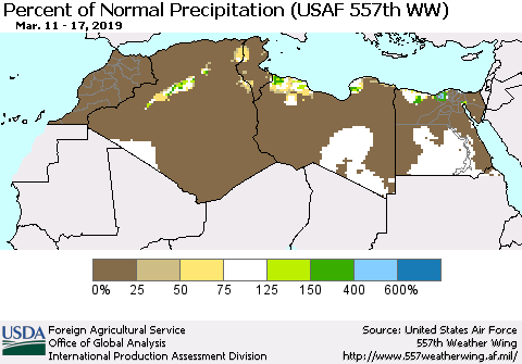 North Africa Percent of Normal Precipitation (USAF 557th WW) Thematic Map For 3/11/2019 - 3/17/2019