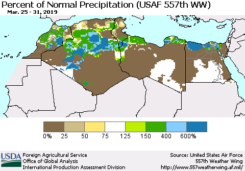North Africa Percent of Normal Precipitation (USAF 557th WW) Thematic Map For 3/25/2019 - 3/31/2019