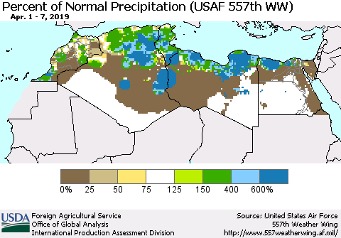 North Africa Percent of Normal Precipitation (USAF 557th WW) Thematic Map For 4/1/2019 - 4/7/2019