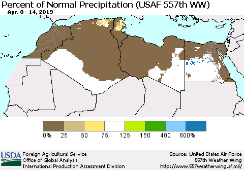 North Africa Percent of Normal Precipitation (USAF 557th WW) Thematic Map For 4/8/2019 - 4/14/2019