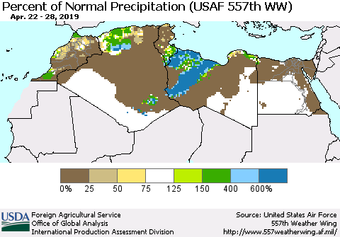 North Africa Percent of Normal Precipitation (USAF 557th WW) Thematic Map For 4/22/2019 - 4/28/2019