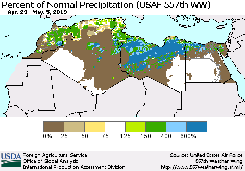 North Africa Percent of Normal Precipitation (USAF 557th WW) Thematic Map For 4/29/2019 - 5/5/2019