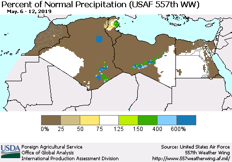 North Africa Percent of Normal Precipitation (USAF 557th WW) Thematic Map For 5/6/2019 - 5/12/2019