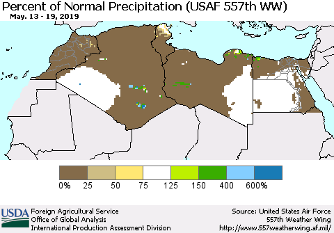 North Africa Percent of Normal Precipitation (USAF 557th WW) Thematic Map For 5/13/2019 - 5/19/2019