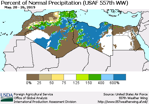 North Africa Percent of Normal Precipitation (USAF 557th WW) Thematic Map For 5/20/2019 - 5/26/2019