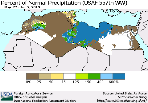 North Africa Percent of Normal Precipitation (USAF 557th WW) Thematic Map For 5/27/2019 - 6/2/2019