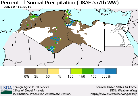 North Africa Percent of Normal Precipitation (USAF 557th WW) Thematic Map For 6/10/2019 - 6/16/2019