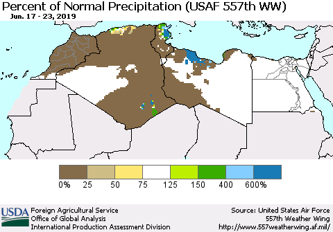 North Africa Percent of Normal Precipitation (USAF 557th WW) Thematic Map For 6/17/2019 - 6/23/2019