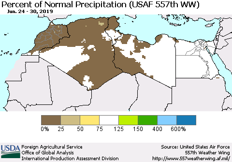 North Africa Percent of Normal Precipitation (USAF 557th WW) Thematic Map For 6/24/2019 - 6/30/2019
