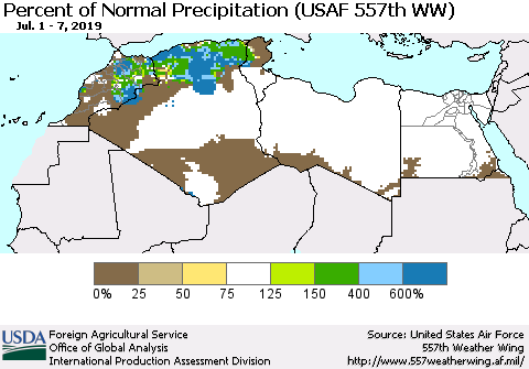North Africa Percent of Normal Precipitation (USAF 557th WW) Thematic Map For 7/1/2019 - 7/7/2019