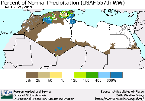North Africa Percent of Normal Precipitation (USAF 557th WW) Thematic Map For 7/15/2019 - 7/21/2019