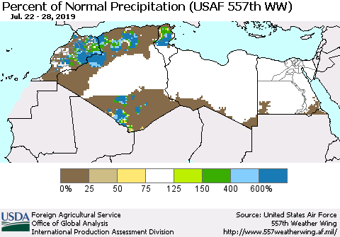 North Africa Percent of Normal Precipitation (USAF 557th WW) Thematic Map For 7/22/2019 - 7/28/2019
