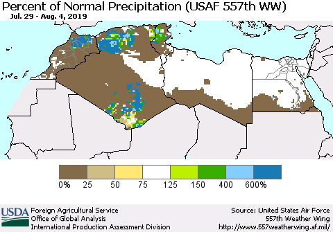 North Africa Percent of Normal Precipitation (USAF 557th WW) Thematic Map For 7/29/2019 - 8/4/2019