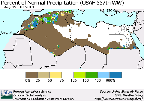 North Africa Percent of Normal Precipitation (USAF 557th WW) Thematic Map For 8/12/2019 - 8/18/2019