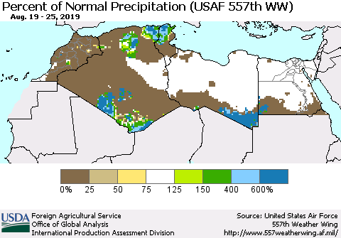 North Africa Percent of Normal Precipitation (USAF 557th WW) Thematic Map For 8/19/2019 - 8/25/2019