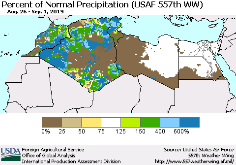 North Africa Percent of Normal Precipitation (USAF 557th WW) Thematic Map For 8/26/2019 - 9/1/2019