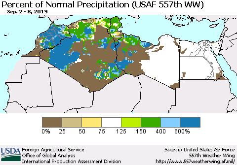 North Africa Percent of Normal Precipitation (USAF 557th WW) Thematic Map For 9/2/2019 - 9/8/2019
