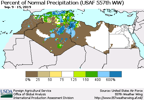 North Africa Percent of Normal Precipitation (USAF 557th WW) Thematic Map For 9/9/2019 - 9/15/2019
