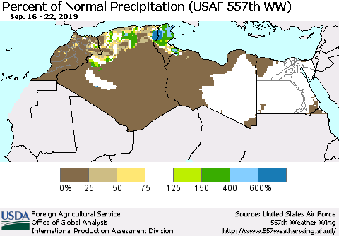 North Africa Percent of Normal Precipitation (USAF 557th WW) Thematic Map For 9/16/2019 - 9/22/2019
