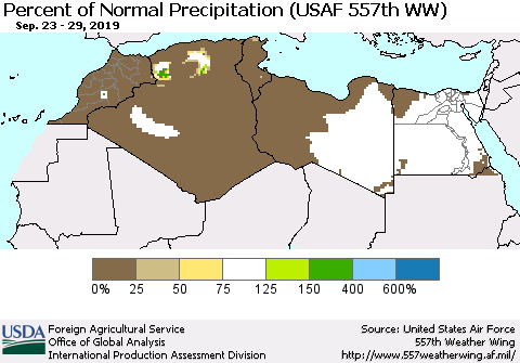 North Africa Percent of Normal Precipitation (USAF 557th WW) Thematic Map For 9/23/2019 - 9/29/2019