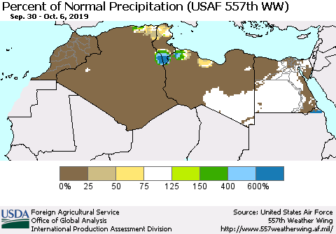 North Africa Percent of Normal Precipitation (USAF 557th WW) Thematic Map For 9/30/2019 - 10/6/2019