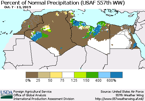 North Africa Percent of Normal Precipitation (USAF 557th WW) Thematic Map For 10/7/2019 - 10/13/2019