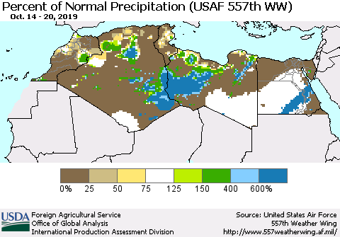 North Africa Percent of Normal Precipitation (USAF 557th WW) Thematic Map For 10/14/2019 - 10/20/2019