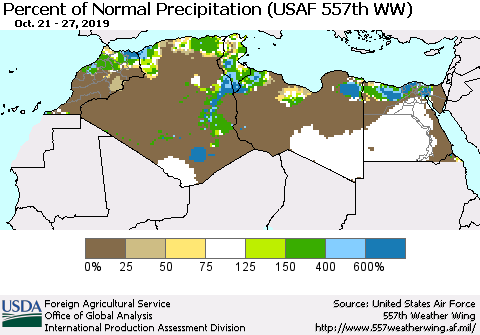 North Africa Percent of Normal Precipitation (USAF 557th WW) Thematic Map For 10/21/2019 - 10/27/2019