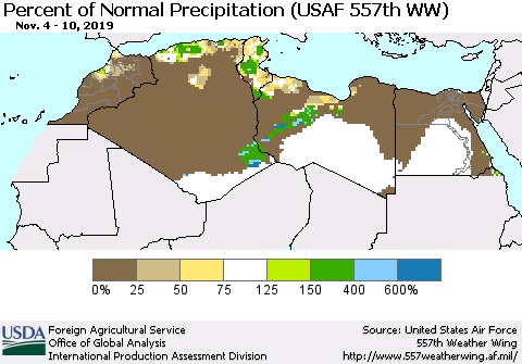 North Africa Percent of Normal Precipitation (USAF 557th WW) Thematic Map For 11/4/2019 - 11/10/2019