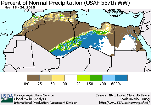 North Africa Percent of Normal Precipitation (USAF 557th WW) Thematic Map For 11/18/2019 - 11/24/2019