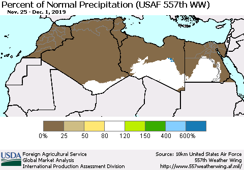 North Africa Percent of Normal Precipitation (USAF 557th WW) Thematic Map For 11/25/2019 - 12/1/2019
