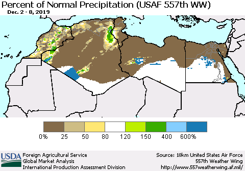 North Africa Percent of Normal Precipitation (USAF 557th WW) Thematic Map For 12/2/2019 - 12/8/2019