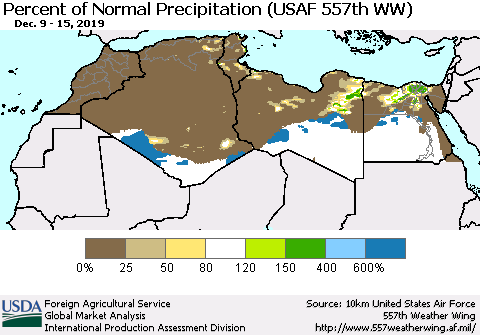 North Africa Percent of Normal Precipitation (USAF 557th WW) Thematic Map For 12/9/2019 - 12/15/2019
