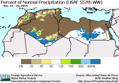 North Africa Percent of Normal Precipitation (USAF 557th WW) Thematic Map For 12/16/2019 - 12/22/2019