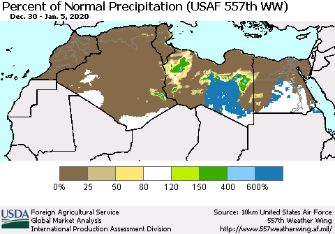 North Africa Percent of Normal Precipitation (USAF 557th WW) Thematic Map For 12/30/2019 - 1/5/2020