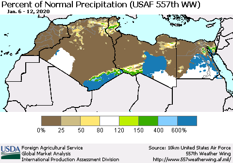 North Africa Percent of Normal Precipitation (USAF 557th WW) Thematic Map For 1/6/2020 - 1/12/2020