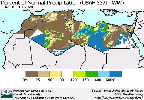 North Africa Percent of Normal Precipitation (USAF 557th WW) Thematic Map For 1/13/2020 - 1/19/2020