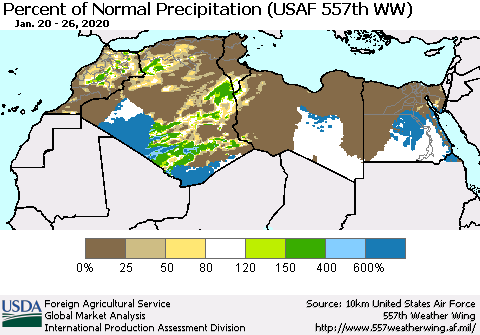 North Africa Percent of Normal Precipitation (USAF 557th WW) Thematic Map For 1/20/2020 - 1/26/2020