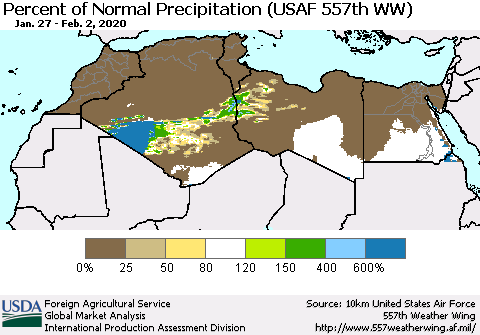 North Africa Percent of Normal Precipitation (USAF 557th WW) Thematic Map For 1/27/2020 - 2/2/2020