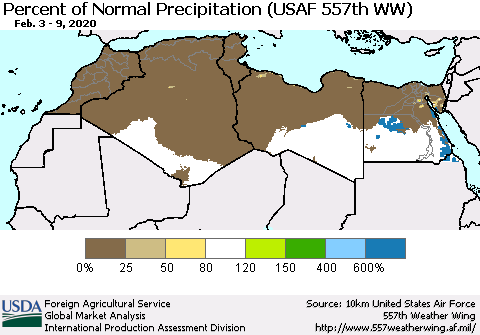 North Africa Percent of Normal Precipitation (USAF 557th WW) Thematic Map For 2/3/2020 - 2/9/2020