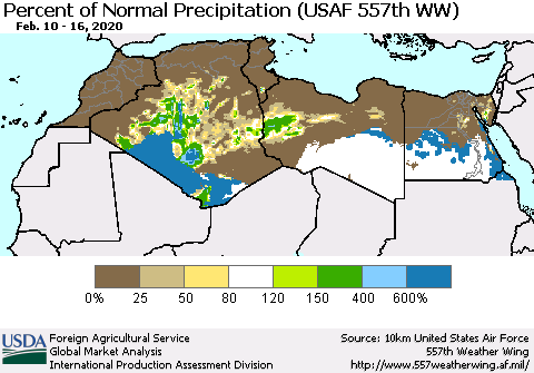 North Africa Percent of Normal Precipitation (USAF 557th WW) Thematic Map For 2/10/2020 - 2/16/2020