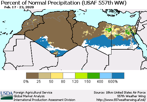 North Africa Percent of Normal Precipitation (USAF 557th WW) Thematic Map For 2/17/2020 - 2/23/2020